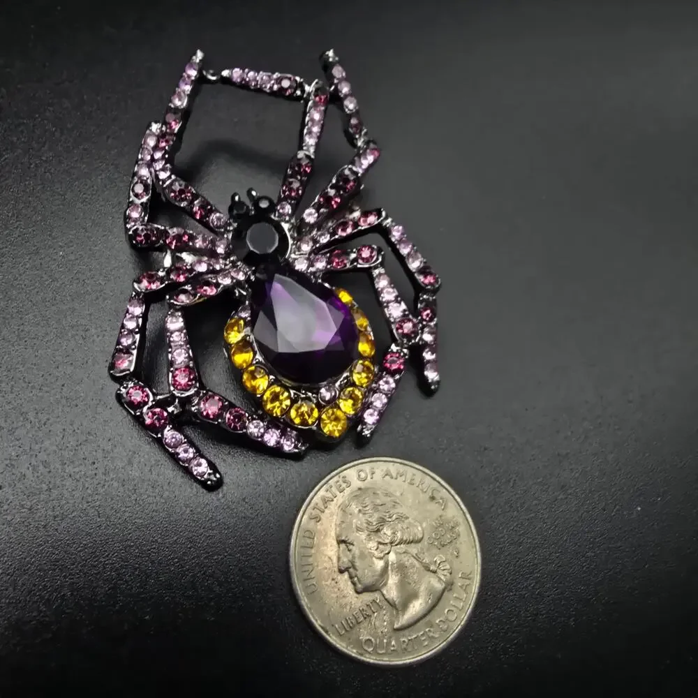 Purple Yellow Rhinestone Spider Brooch Gothic Costume Jewelry